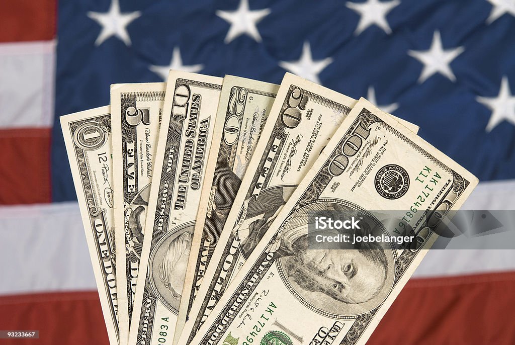 Amerikanische Währung und Flagge - Lizenzfrei 50-Dollar-Schein Stock-Foto