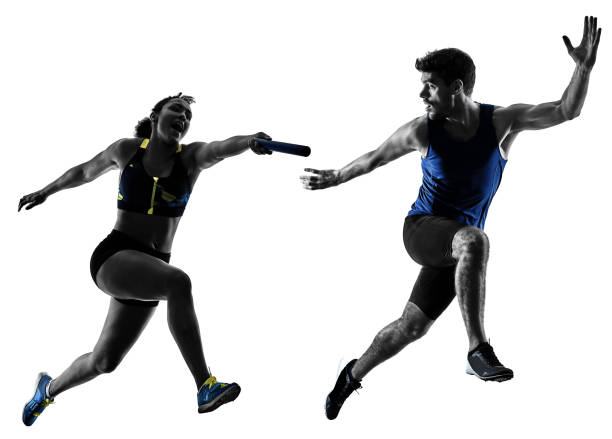 athletics relay runners sprinters running runners isolated silho athletics relay runners sprinters running runners in silhouette isolated on white background relay photos stock pictures, royalty-free photos & images