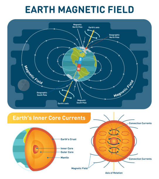 illustrazioni stock, clip art, cartoni animati e icone di tendenza di diagramma di illustrazione vettoriale scientifica del campo magnetico terrestre con poli sud, nord, asse di rotazione della terra e correnti di convezione del nucleo interno. strati interni della sezione trasversale terrestre. - convection