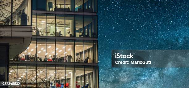 Office Building At Night Stock Photo - Download Image Now - Office Building Exterior, Business, Building Exterior