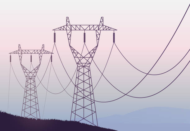 ilustrações de stock, clip art, desenhos animados e ícones de transmission towers landscape background vector - torre de transmissão de eletricidade