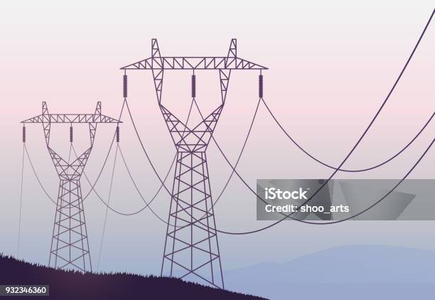 Transmission Towers Landscape Background Vector Stock Illustration - Download Image Now - Communications Tower, Power Line, Electricity Pylon