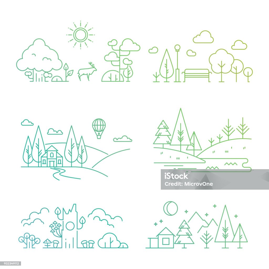 Iconos de paisaje de naturaleza con árboles, plantas, montañas, río - arte vectorial de Ilustración libre de derechos