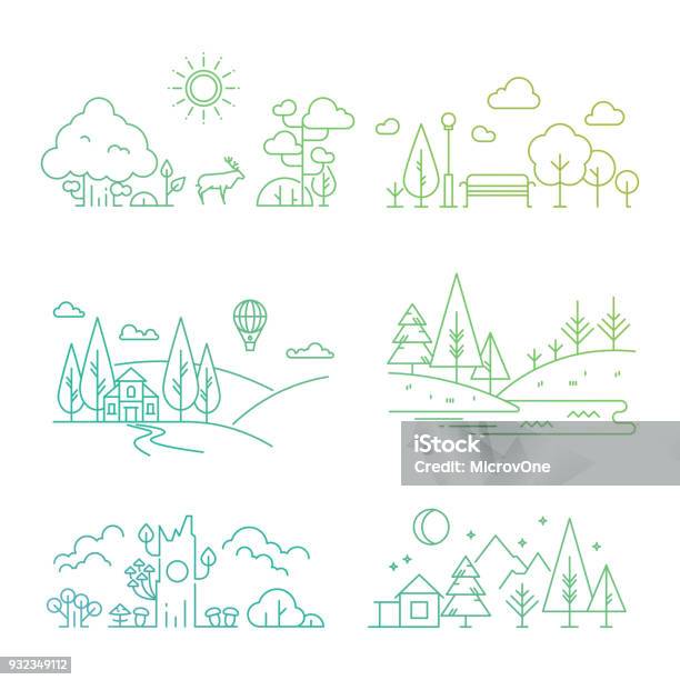 Ilustración de Iconos De Paisaje De Naturaleza Con Árboles Plantas Montañas Río y más Vectores Libres de Derechos de Ilustración