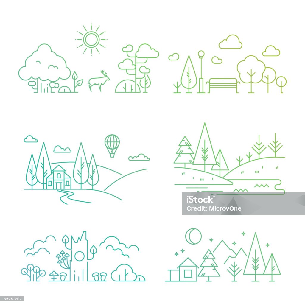 Icônes de nature paysage avec rivière, montagnes, plantes, arbre - clipart vectoriel de Illustration libre de droits