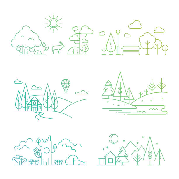 Nature landscape icons with tree, plants, mountains, river Bright nature landscape outline icons with tree, plants, mountains, river. Vector illustration natural parkland illustrations stock illustrations