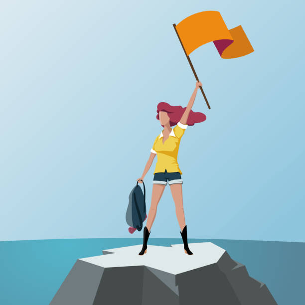 istock Woman with flag on top of a mountain 932358794