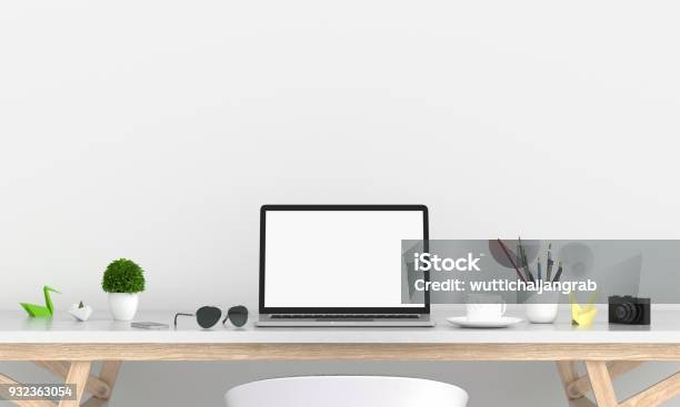 Laptop Display For Mockup On Table 3d Rendering Stock Photo - Download Image Now - Desk, Laptop, Office