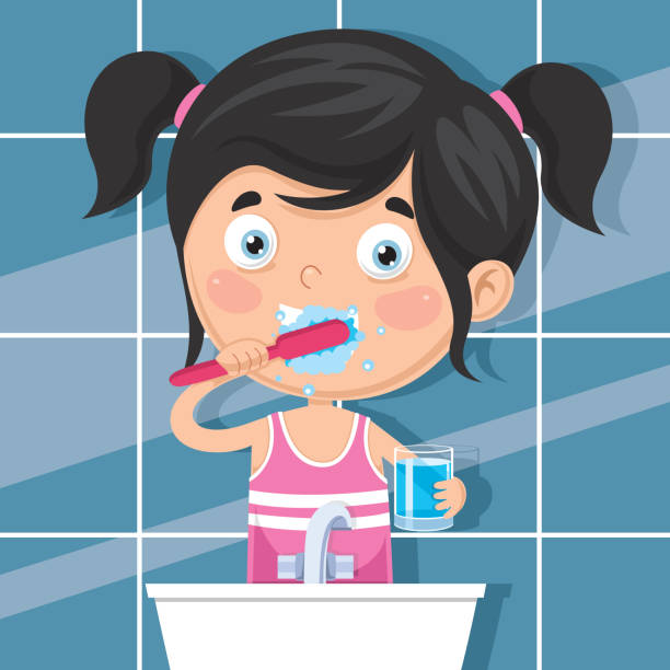 Vector Illustration Of Kid Brushing Teeth Vector Illustration Of Kid Brushing Teeth toothbrush toothpaste backgrounds beauty stock illustrations