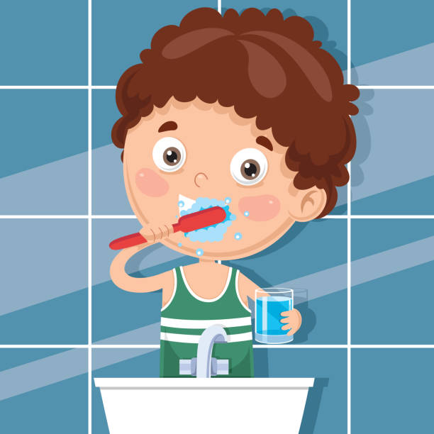 Vector Illustration Of Kid Brushing Teeth Vector Illustration Of Kid Brushing Teeth little boys blue eyes blond hair one person stock illustrations