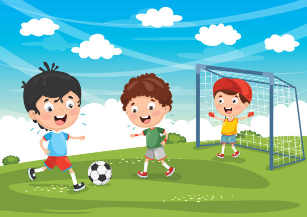 vektor-illustration von kind fußball spielen - jugendfußball stock-grafiken, -clipart, -cartoons und -symbole