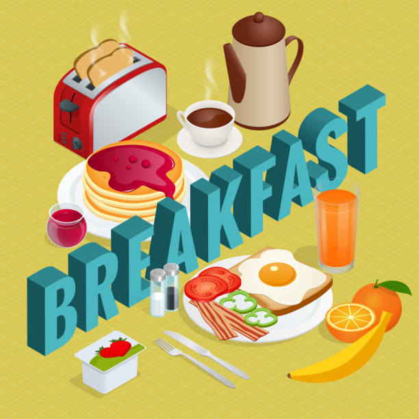 Isometric Breakfast and kitchen equipment icons set. English breakfast with fried eggs, bacon, sausages, beans, toasts, coffee and fresh salad. Isometric Breakfast and kitchen equipment icons set. English breakfast with fried eggs, bacon, sausages, beans, toasts, coffee and fresh salad. Vector illustration omelette on the plate stock illustrations