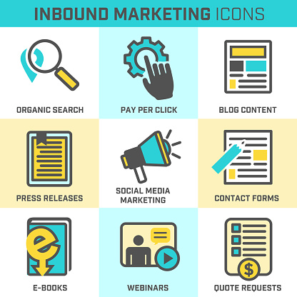 Inbound Marketing Vector Icons with organic search, ppc, blog content, press release, social media marketing, contact form, ebook, video, webinar, and quote requests