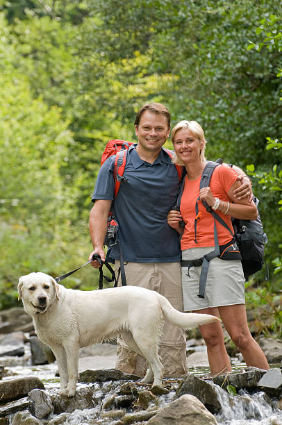 istock Couple with dog on mountain trek 93237784