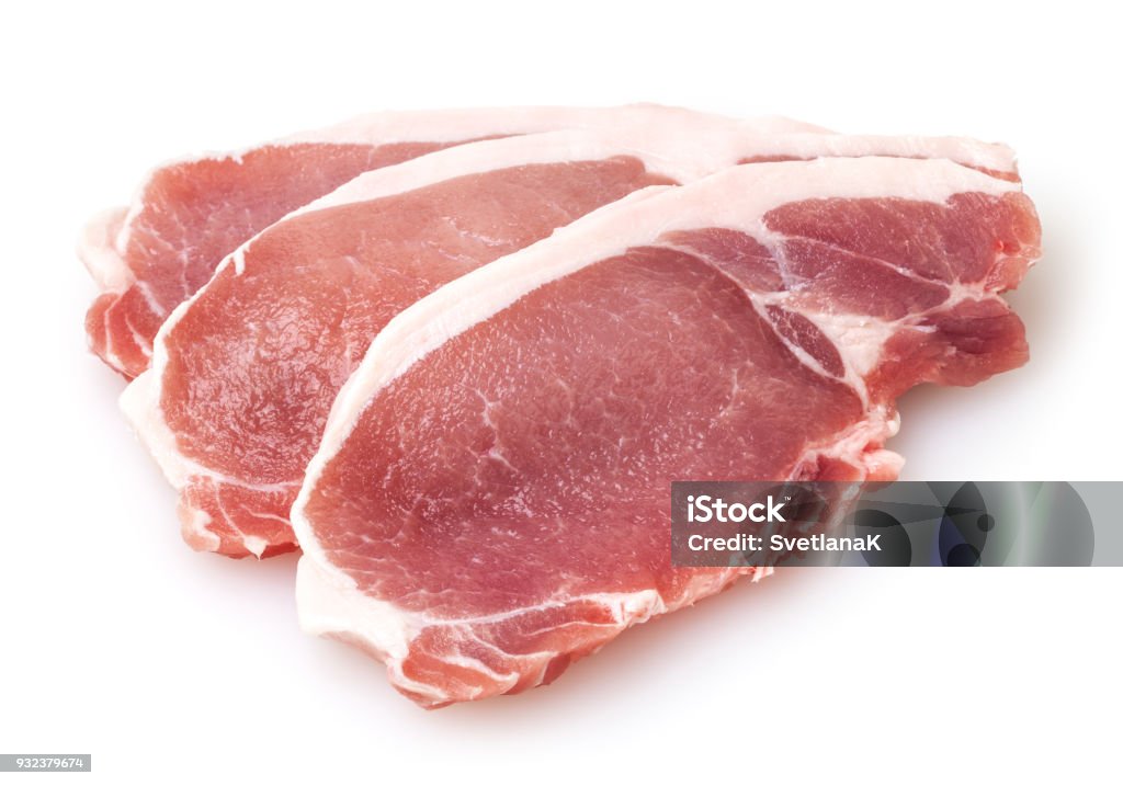 Raw pork meat isolated on white background Pork Stock Photo