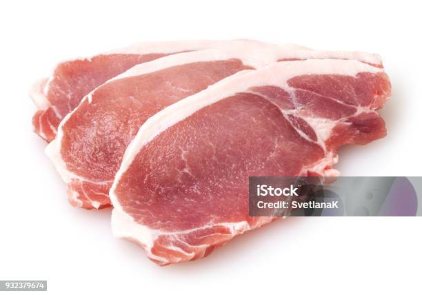 Raw Pork Meat Isolated On White Background Stock Photo - Download Image Now - Pork, White Background, Loin