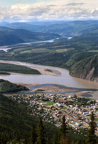 Dawson, in the Yukon Territory, was every Klondike Gold Rusher's destination, is seen from Midnight Dome, and shows the joining of the Yukon and Klondike Rivers.