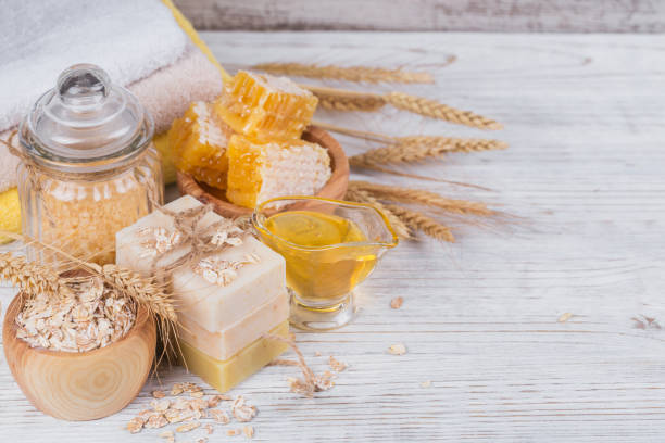 istock Honeycomb, sea salt, oats and handmade soap with honey 932380206