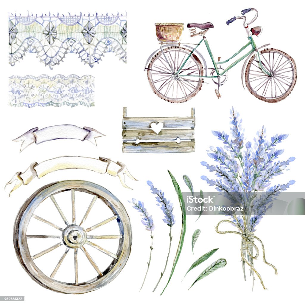 Set of hand drawn watercolor clipart. Provence atmosphere, laven Set of hand drawn watercolor clipart. Provence atmosphere, lavender and rustic vintage illustration. Watercolor Painting stock illustration