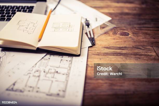 Architects Desk Stock Photo - Download Image Now - Architect, Architecture, Plan - Document