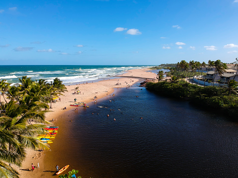 Beautiful aerial drone view of Praia do Imbassai, Bahia, Brazil