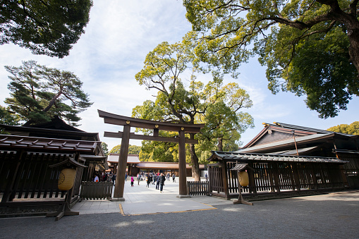 Tokyo, Japan - February  16, 2018: Meiji Shrine  Oldest located in Shibuya, Tokyo, is the Shinto shrine that is dedicated to the deified spirits of Emperor Meiji.
