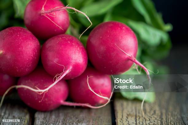 Branch Of Fresh Radish Over Rustic Old Boards The Concept Of A Harvest And Organic Food Copy Space Stock Photo - Download Image Now