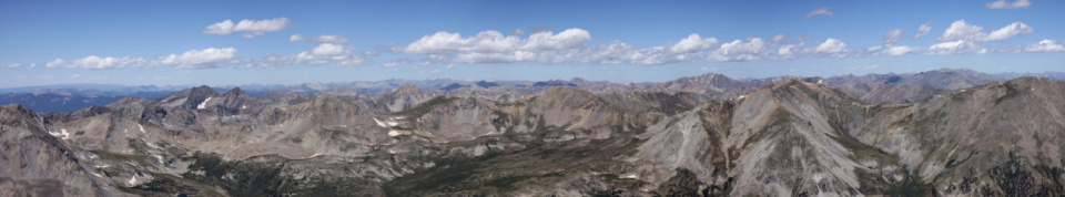 Panorama of the Collegiate Peaks Wilderness area which consists of multiple fourteeners (14ers). Taken from the top of Mount Harvard (14,420') looking North.