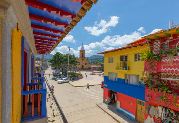 Raquira February 2018 From the terraces of Raquira in Colombia people can enjoy an original view of the streets with colored houses  and of Main square