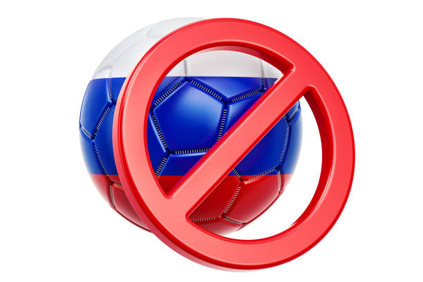 proibido sinal com bola de futebol russo, boicote o conceito. renderização 3d, isolada no fundo branco - boycott - fotografias e filmes do acervo