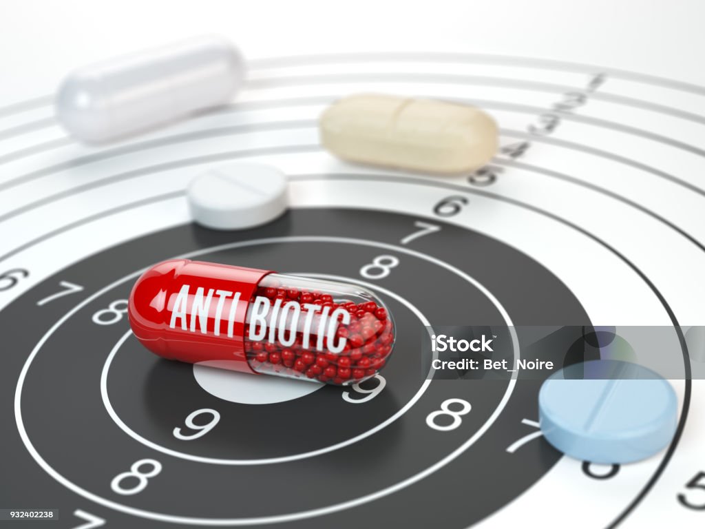 Pills on target and antibiotic in the center.  Scientific research or best prescription medication concept. Pills on target and antibiotic in the center.  Scientific research or best prescription medication concept. 3d illustration Antibiotic Stock Photo