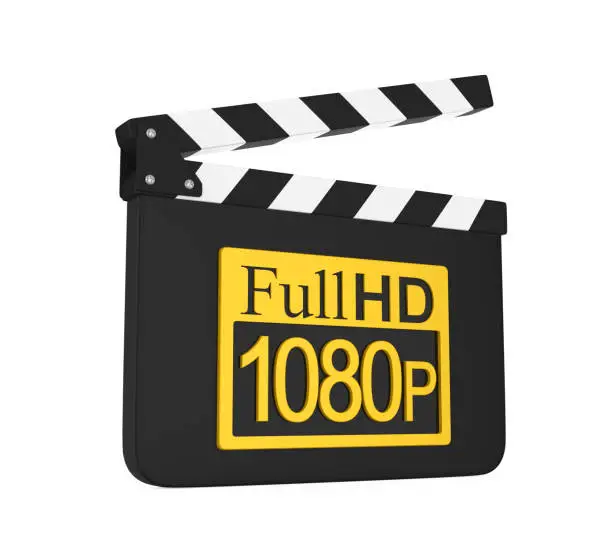 Movie Slate with Full HD 1080p Icon isolated on white background. 3D render