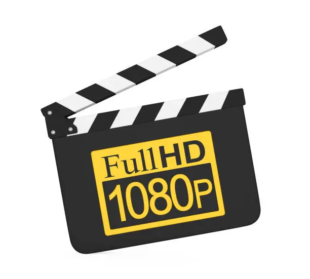 Movie Slate with Full HD 1080p Icon isolated on white background. 3D render