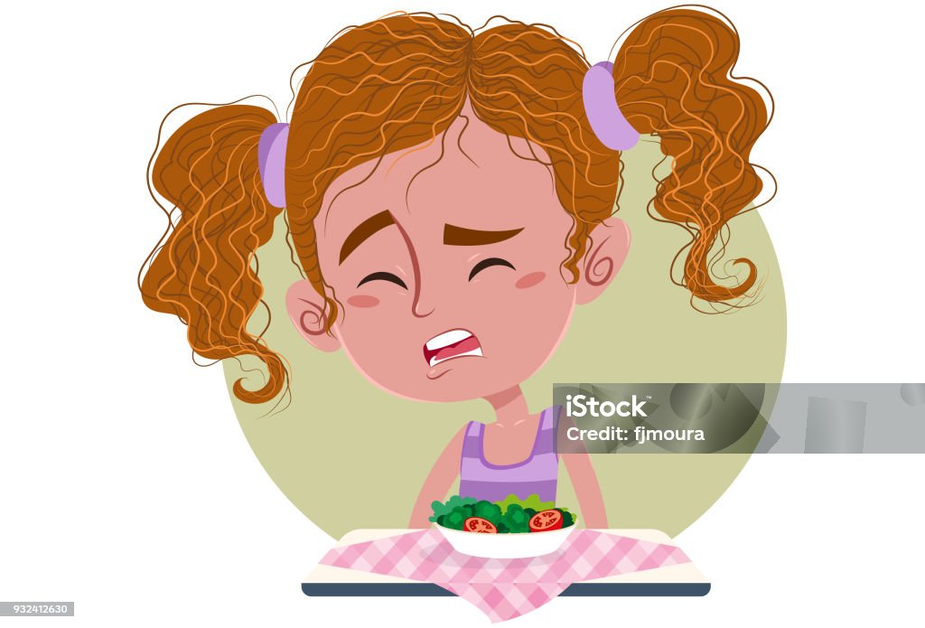 Girl doesn't want to eat vegetables Healthy Eating Broccoli stock vector