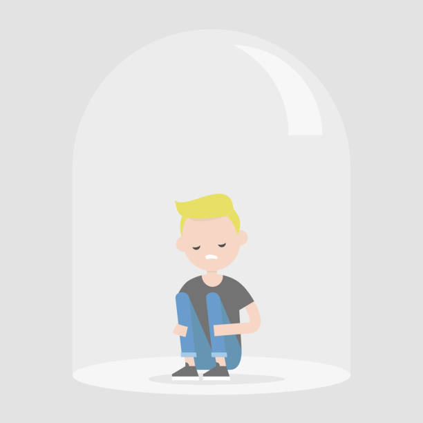 Young upset character sitting under the glass dome. Introvert. Depression. Flat editable vector illustration, clip art Young upset character sitting under the glass dome. Introvert. Depression. Flat editable vector illustration, clip art Phobia stock illustrations
