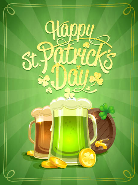 illustrations, cliparts, dessins animés et icônes de affiche de la fête de patrick heureux avec la bière verte et tonneau de bière - st patricks day pot of gold clover irish culture