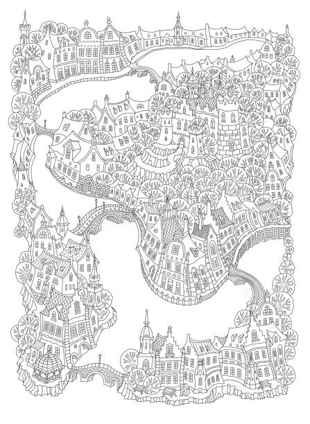 ilustrações, clipart, desenhos animados e ícones de paisagem urbana de vetor fantasia com pequenos edifícios europeus medievais. conto de fadas cidade velha rua, casas. esboço de doodle desenhado de mão. capa de brochura impressão, t-shirt preto e branco, adultos página de livro para colorir - denmark house cottage rural scene