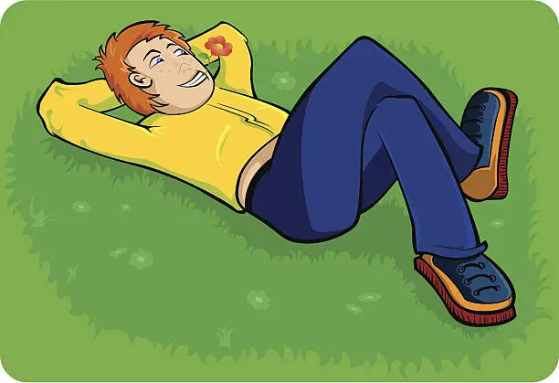 Vector illustration of Boy lay down on summer grass