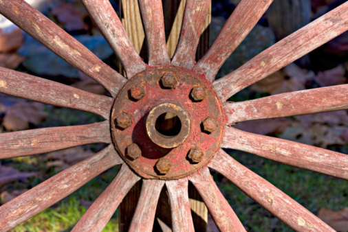 Closeup of an old, antique wagon wheel