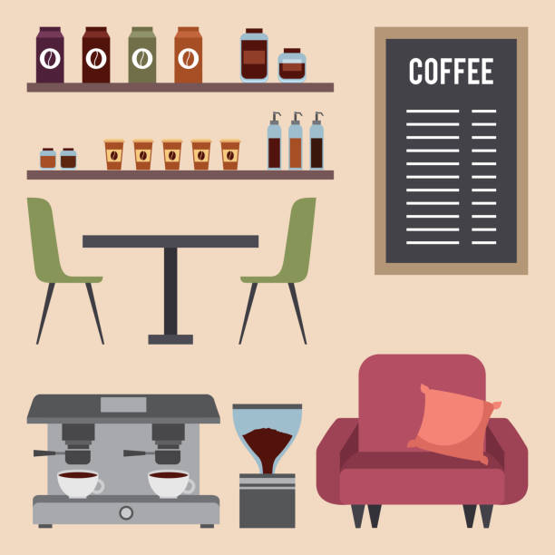 coffee shop interior coffee shop interior sofa machine table chairs menu board vector illustration indoors bar restaurant sofa stock illustrations