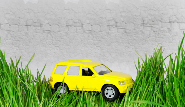 istock small yellow car in the grass against the wall background 932429426