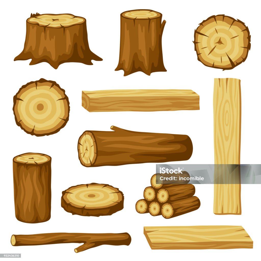 Conjunto de registros de madera para la silvicultura y la industria de la madera. Ilustración de troncos, tocón y tablones - arte vectorial de Tronco libre de derechos