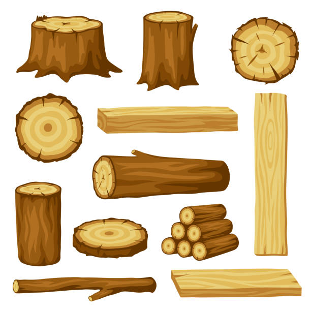 Set of wood logs for forestry and lumber industry. Illustration of trunks, stump and planks Set of wood logs for forestry and lumber industry. Illustration of trunks, stump and planks. tree clipart stock illustrations