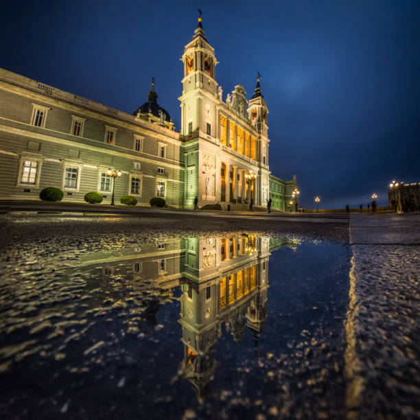 Cathedral of La Almudena and reflection into water. Madrid. Spain