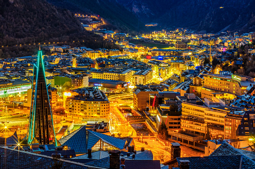 twilight in Andorra la Vella and Escaldes Engordany. Andorra