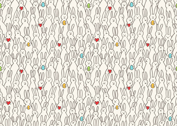 Funny bunny seamless pattern. Illustration of cute easter bunnies with easter eggs and hearts. Bright easter background for textile, fabric, covers, scrapbooking, wallpapers, print, gift wrapping. Vector illustration