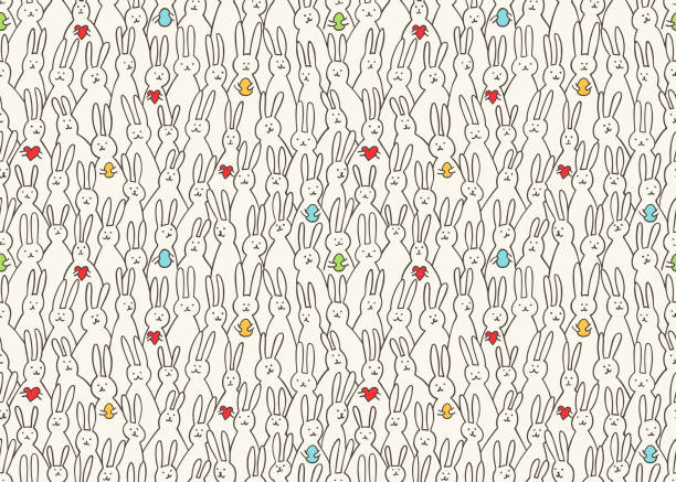 Funny bunny seamless pattern. Illustration of cute easter bunnies with easter eggs and hearts. Bright easter background for textile, fabric, covers, scrapbooking, wallpapers, print, gift wrapping Funny bunny seamless pattern. Illustration of cute easter bunnies with easter eggs and hearts. Bright easter background for textile, fabric, covers, scrapbooking, wallpapers, print, gift wrapping. Vector illustration easter drawings stock illustrations