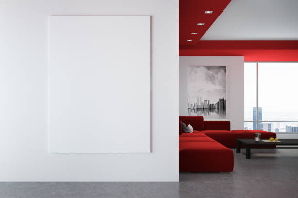 istock White and red living room interior, poster, wall 932443358