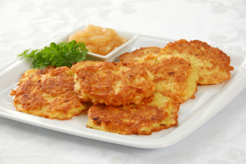 Crispy fried potato pancakes, served for the Jewish holiday of Hanukkah, but also popular year round in many different cuisines.