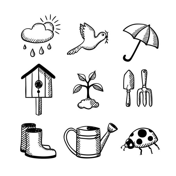 illustrazioni stock, clip art, cartoni animati e icone di tendenza di set di doodle da giardinaggio - watering can illustrations